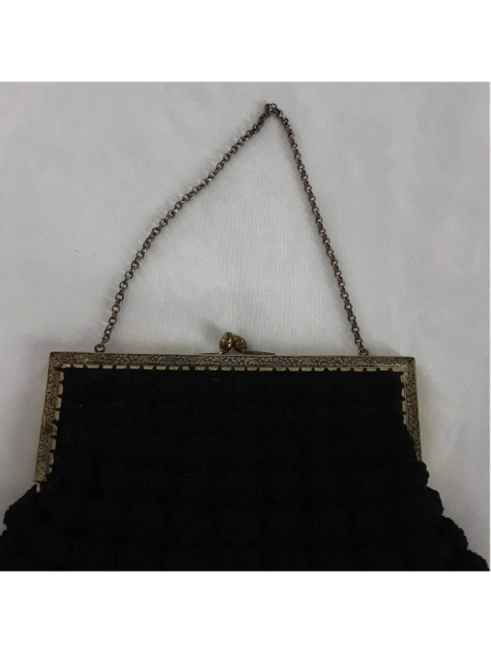 Vintage Black Crochet Evening Bag Metal Frame Chain Handle Kiss Lock Purse
